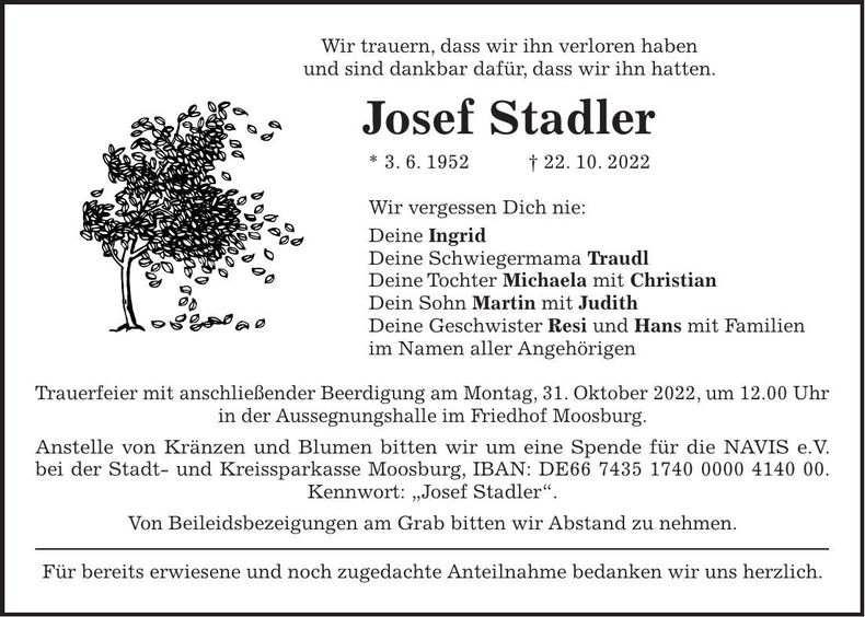Traueranzeige Josef Stadler