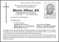 Traueranzeige Alfons Alt