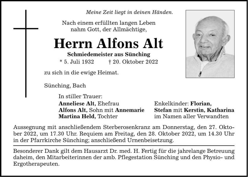 Traueranzeige Alfons Alt