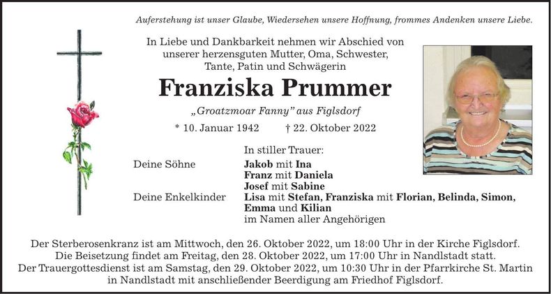 Traueranzeige Franziska Prummer