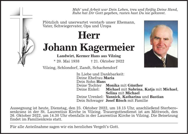Traueranzeige Johann Kagermeier