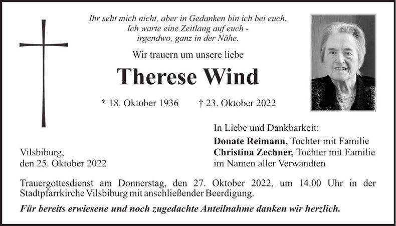 Traueranzeige Therese Wind