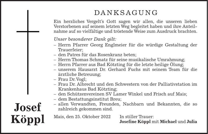 Traueranzeige Josef Köppl