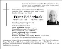 Traueranzeige Franz Beiderbeck