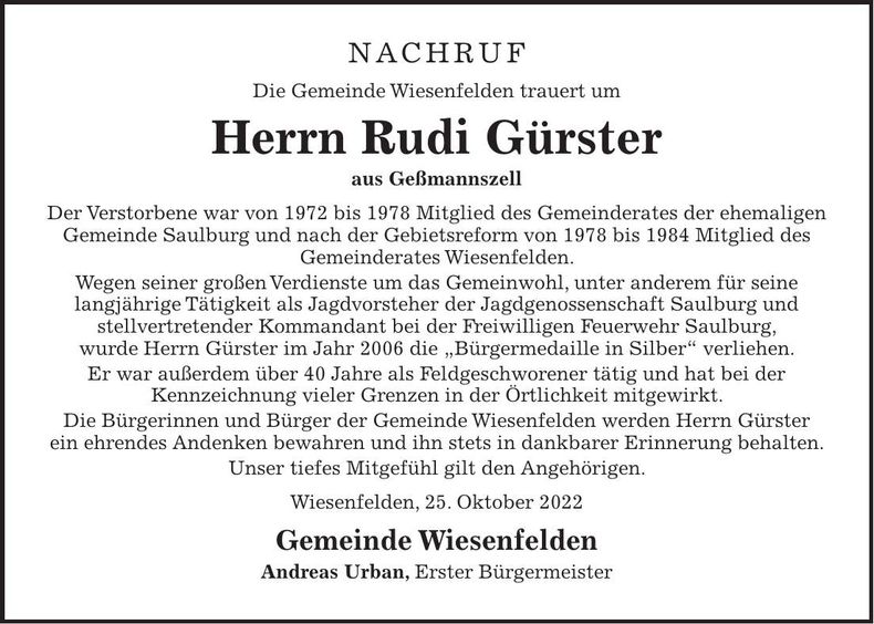 Traueranzeige Rudi Gürster