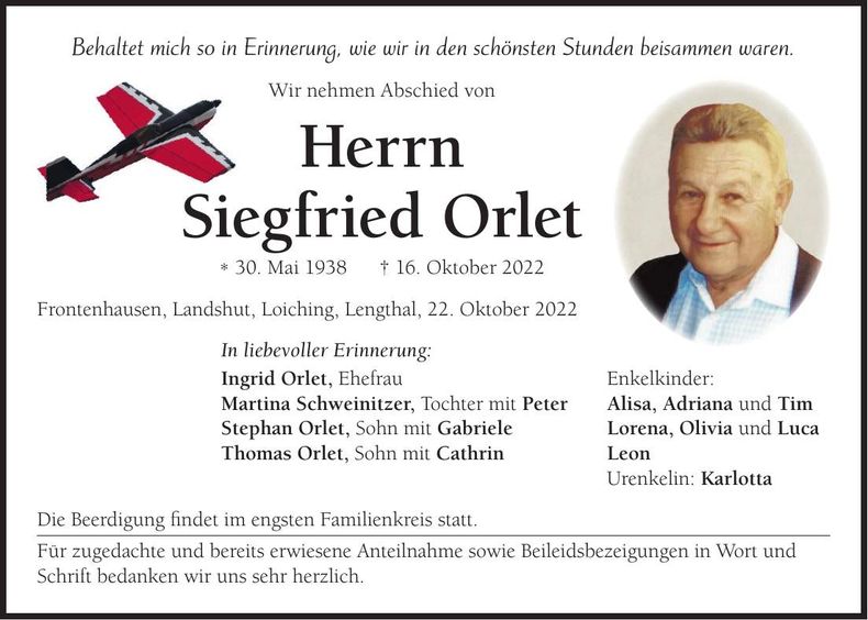 Traueranzeige Siegfried Orlet