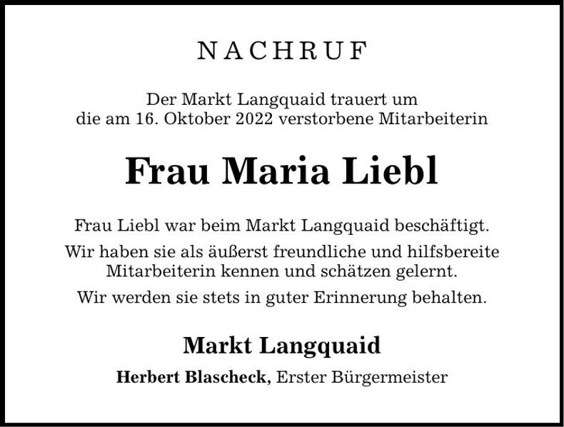 Traueranzeige Maria Liebl
