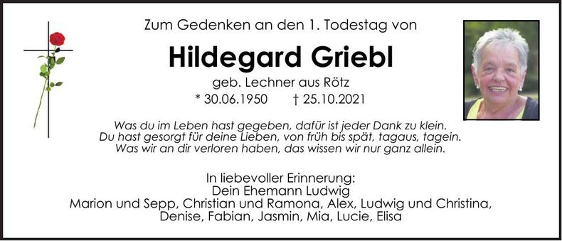 Traueranzeige Hildegard Griebl