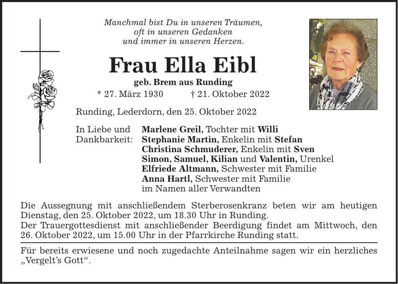 Traueranzeige Ella Eibl