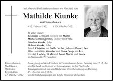 Traueranzeige Mathilde Kiunke