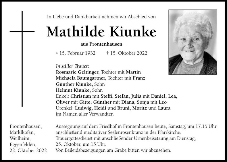 Traueranzeige Mathilde Kiunke