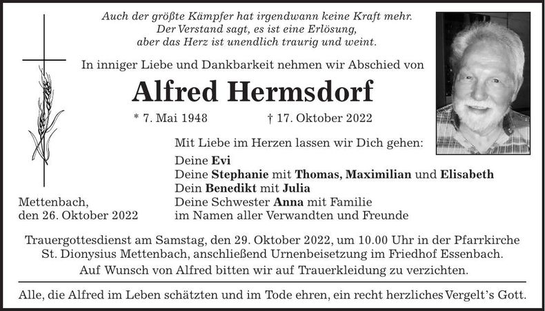 Traueranzeige Alfred Hermsdorf