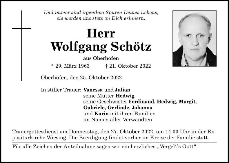 Traueranzeige Wolfgang Schötz