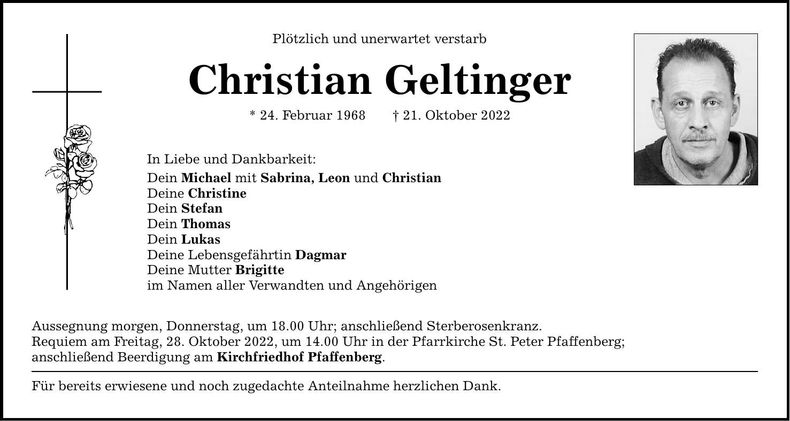 Traueranzeige Christian Geltinger