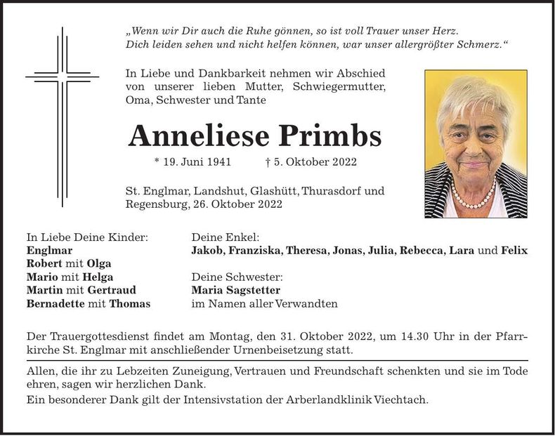 Traueranzeige Anneliese Primbs