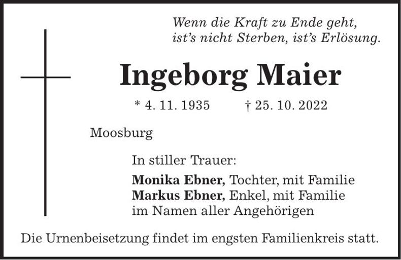 Traueranzeige Ingeborg Maier