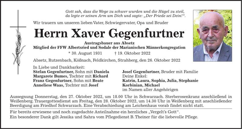 Traueranzeige Xaver Gegenfurtner