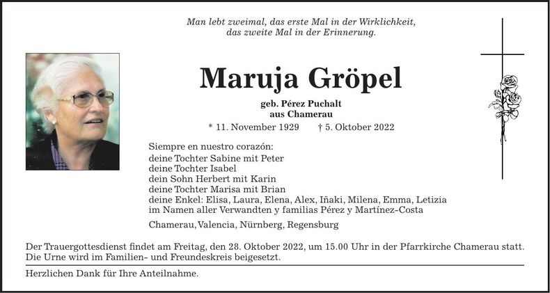 Traueranzeige Maruja Gröpel