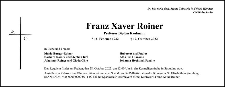 Traueranzeige Xaver Roiner