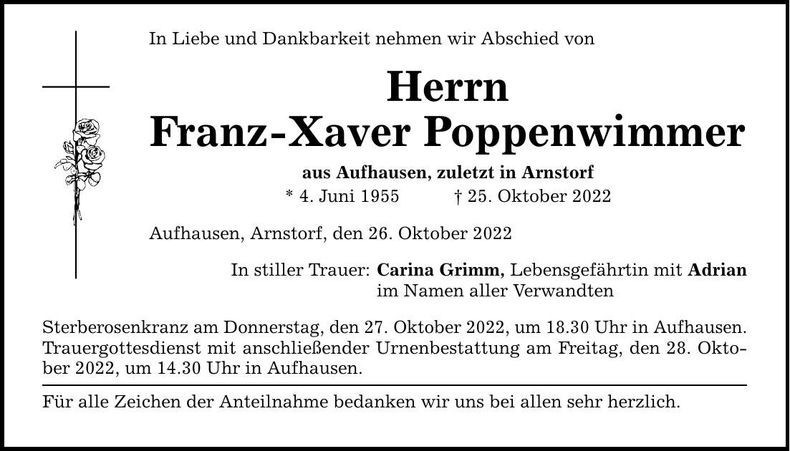 Traueranzeige Franz-Xaver Poppenwimmer