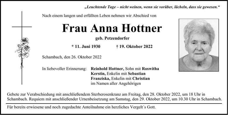 Traueranzeige Anna Hottner