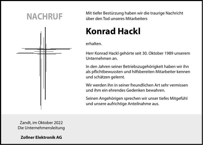 Traueranzeige Konrad Hackl