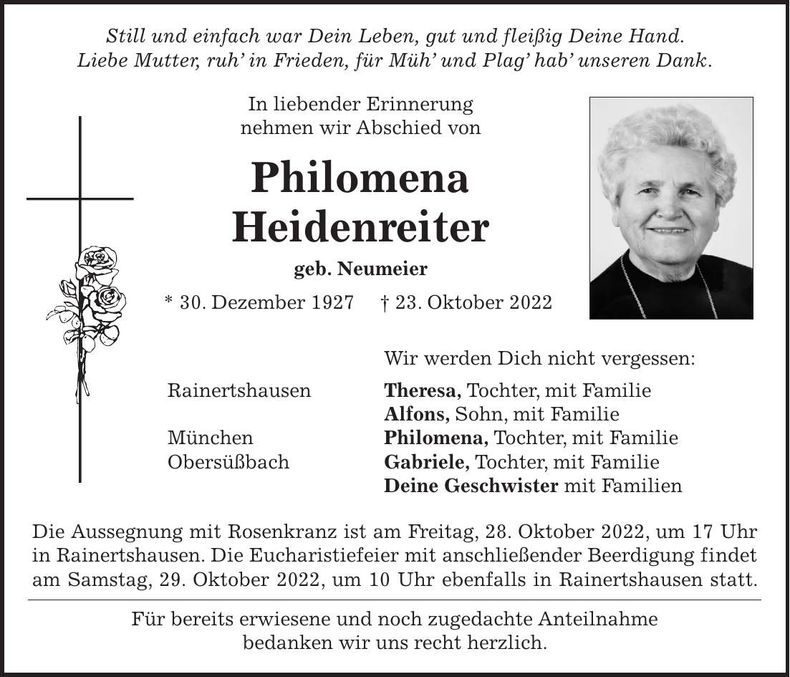 Traueranzeige Philomena Heidenreiter