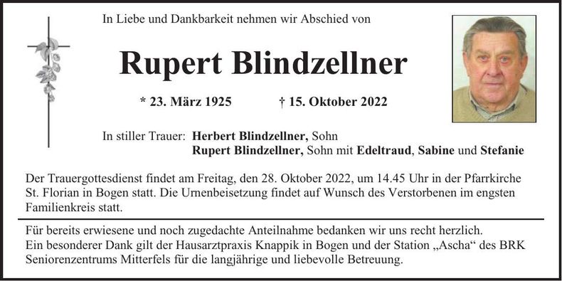 Traueranzeige Rupert Blindzellner