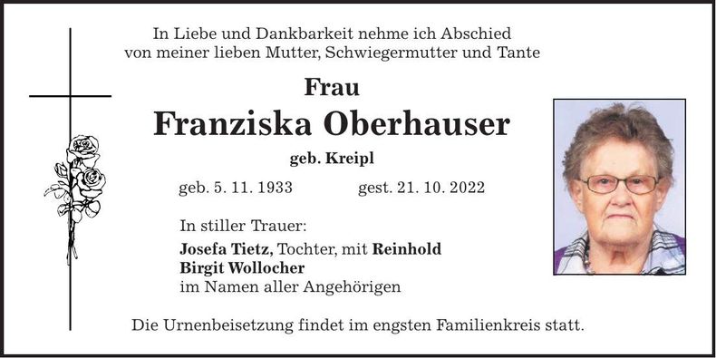 Traueranzeige Franziska Oberhauser