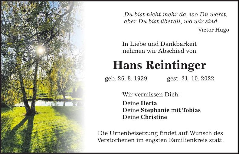 Traueranzeige Hans Reintinger
