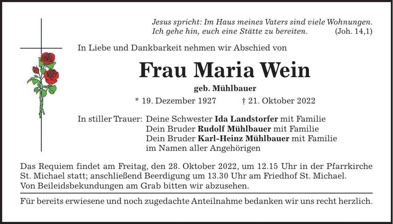 Traueranzeige Maria Wein