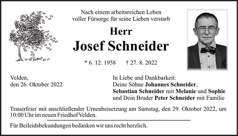 Traueranzeige Josef Schneider