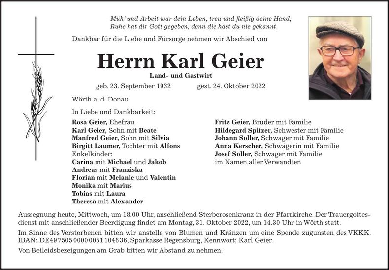 Traueranzeige Karl Geier