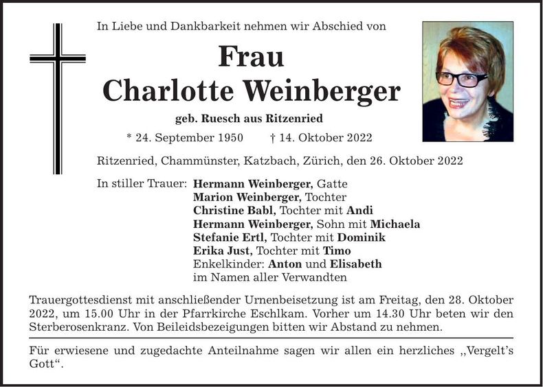 Traueranzeige Charlotte Weinberger
