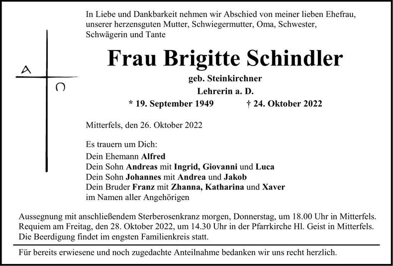 Traueranzeige Brigitte Schindler