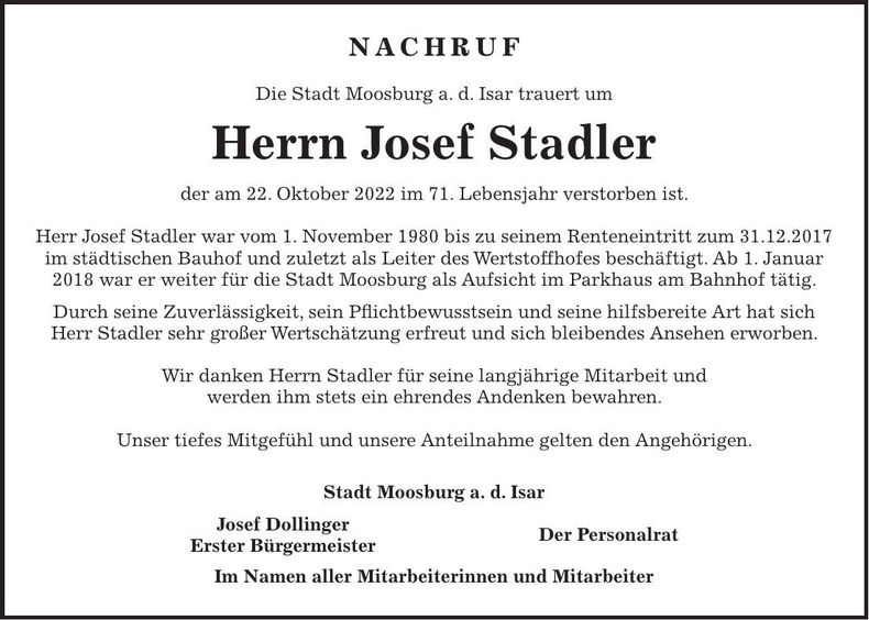 Traueranzeige Josef Stadler