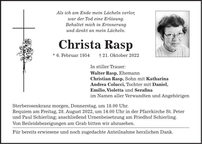 Traueranzeige Christa Rasp