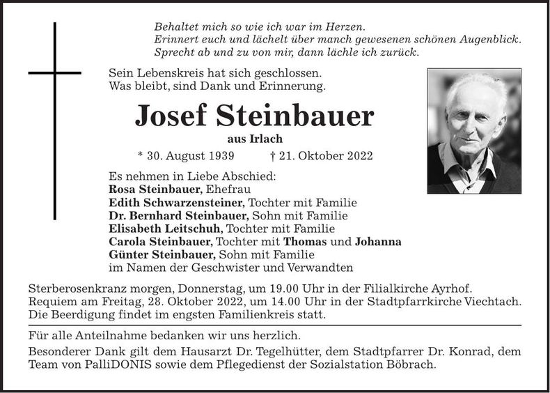 Traueranzeige Josef Steinbauer