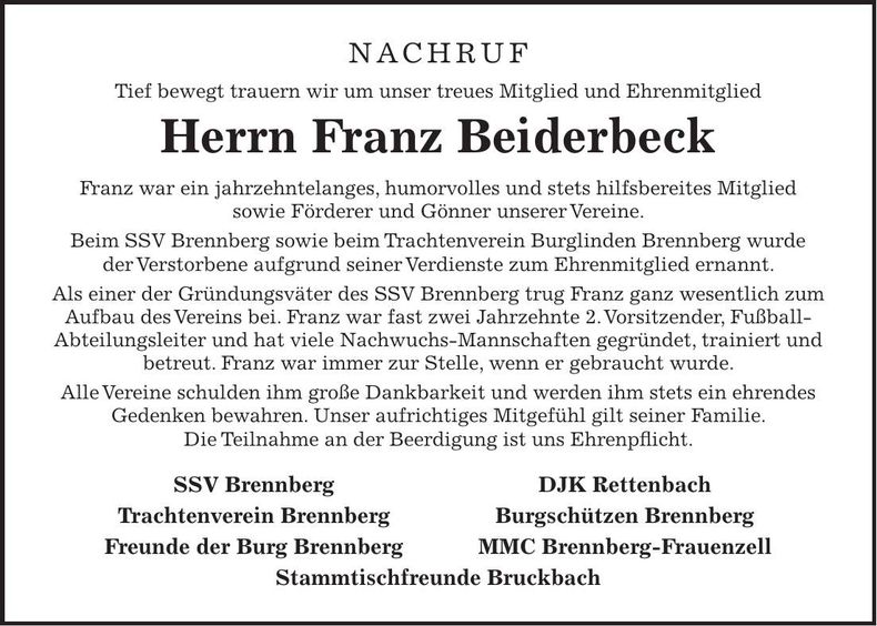 Traueranzeige Franz Beiderbeck
