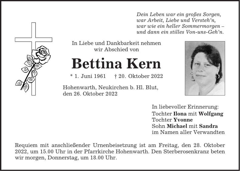 Traueranzeige Bettina Kern