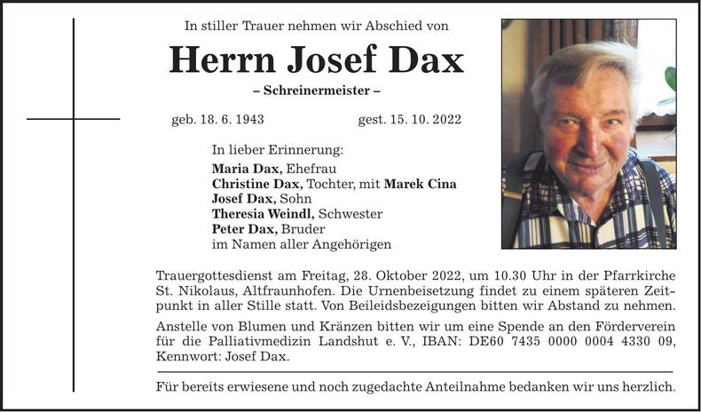 Traueranzeige Josef Dax