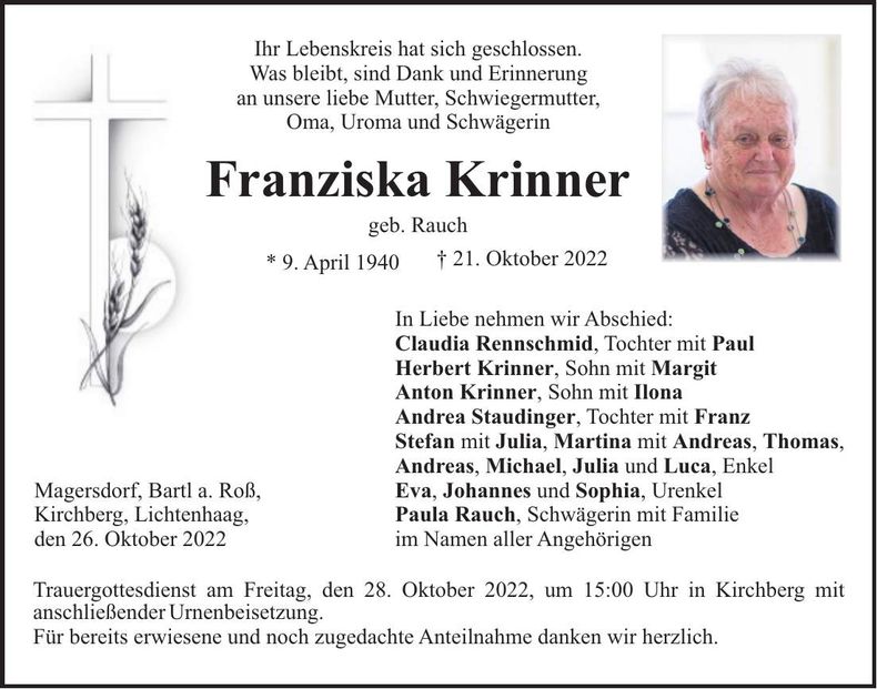 Traueranzeige Franziska Krinner
