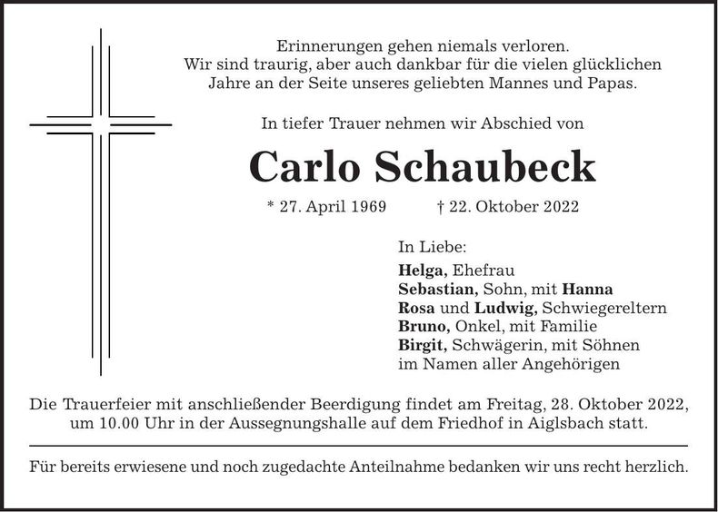 Traueranzeige Carlo Schaubeck