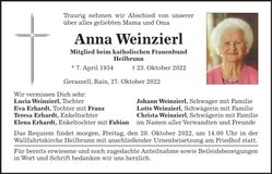 Traueranzeige Anna Weinzierl
