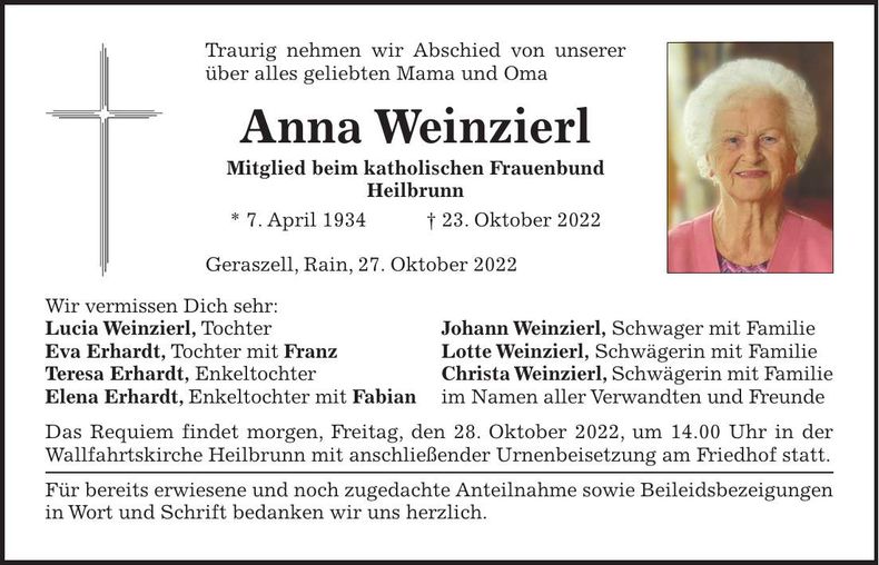 Traueranzeige Anna Weinzierl
