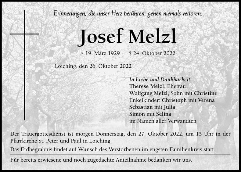 Traueranzeige Josef Melzl