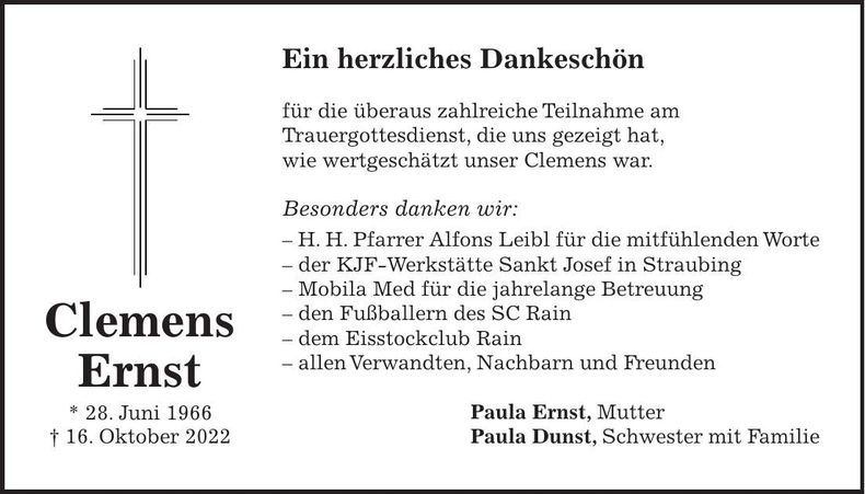 Traueranzeige Clemens Ernst