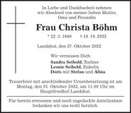 Traueranzeige Christa Böhm