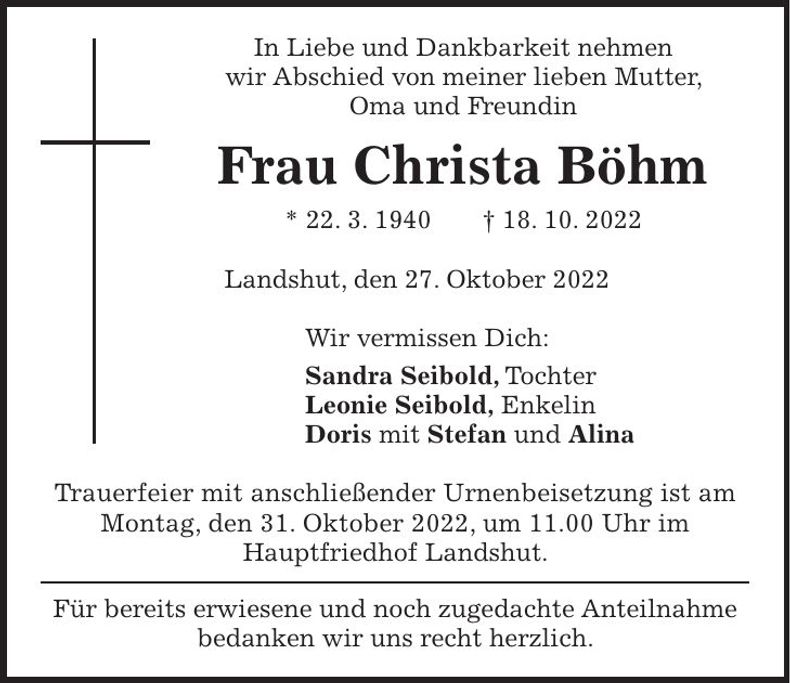 Traueranzeige Christa Böhm