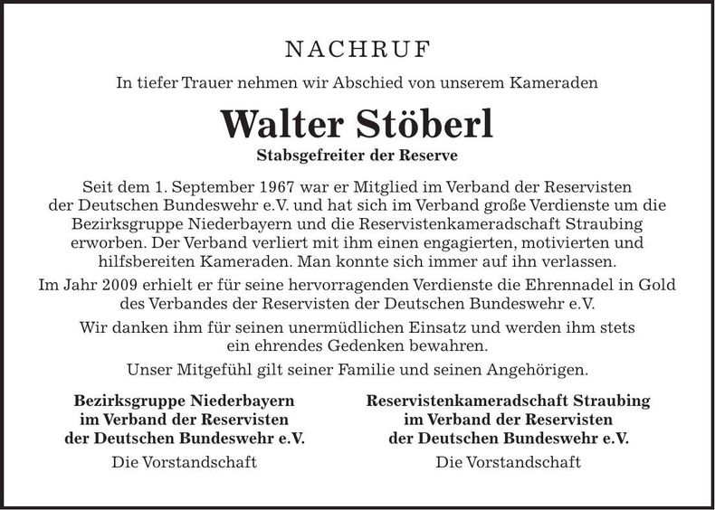Traueranzeige Walter Stöberl
